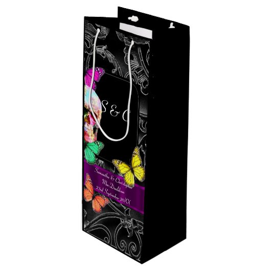 Gotische schedel en zwart gepersonaliseerde bruilo wijn cadeautas (Voorkant Gekanteld)