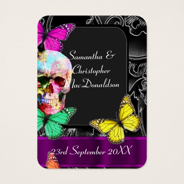 Gotische schedel en zwarte bruiloft gunst dank u l visitekaartjes (Voorkant)