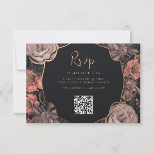 Gotische schedel Floral QR Code Bruiloft RSVP Kaartje (Voorkant)