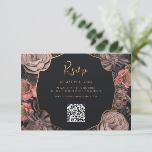 Gotische schedel Floral QR Code Bruiloft RSVP Kaartje (Staand voorkant)
