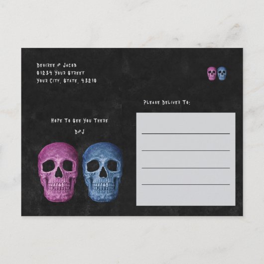 Gotische schedel hoofd roze blauw hallobruiloft uitnodiging briefkaart (Achterkant)