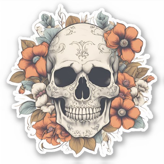 Gotische Schedel met Bloemen Waterdicht Sticker (Voorkant)