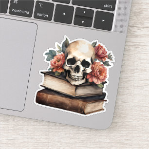 Gotische schedel met boeken en bloemen waterdicht sticker