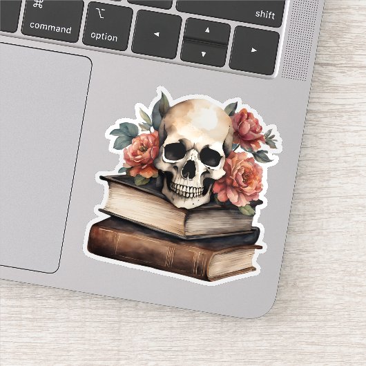 Gotische schedel met boeken en bloemen waterdicht sticker (Detail)