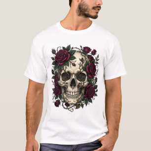Gotische schedel met donkerrode rozen en doornen t t-shirt