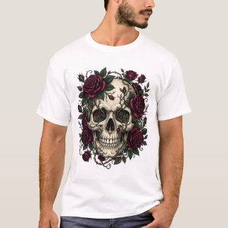 Gotische schedel met donkerrode rozen en doornen t t-shirt