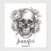 Gotische schedel met pioenen Monogram Waterdicht Sticker (Vel)