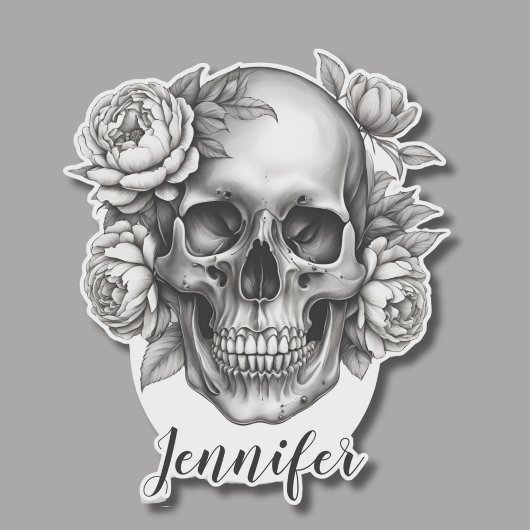 Gotische schedel met pioenen Monogram Waterdicht Sticker
