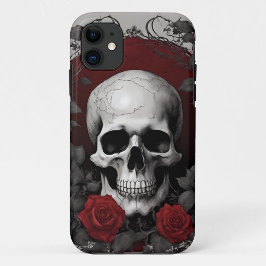 Gotische schedel met rode rozen Case-Mate iPhone case (Achterkant)