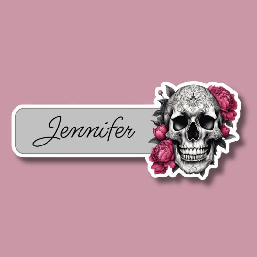 Gotische schedel met roze pioenen ID Sticker
