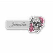 Gotische schedel met roze pioenen ID Sticker (Voorkant)