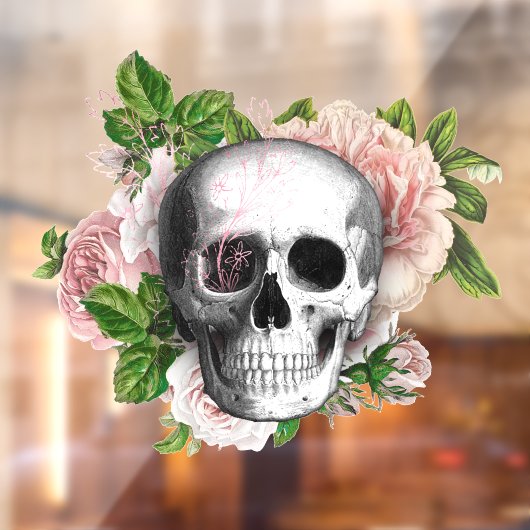 Gotische schedel met Roze Rozen Venster Cling Raamsticker (Vel 2)