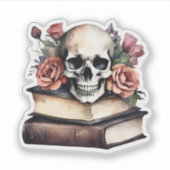Gotische schedel met Rozen en boeken Waterdicht Sticker (Voorkant)