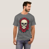 Gotische Schedel Omringd Door Rode Rozen T-shirt (Voorkant volledig)