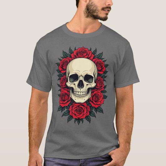 Gotische Schedel Omringd Door Rode Rozen T-shirt (Voorkant)