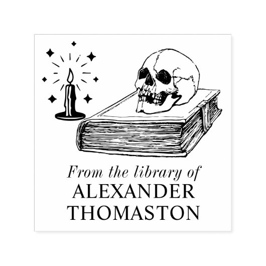 Gotische schedel op Open Boek Kaars Bibliotheek Bo Zelfinktende Stempel (Design)