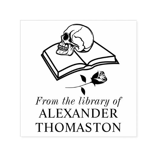 Gotische schedel op Open Boek met Roos S Bibliothe Zelfinktende Stempel (Design)