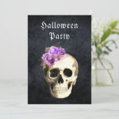 Gotische schedel Paarse Rozen Halloween Party Kaart (Staand voorkant)