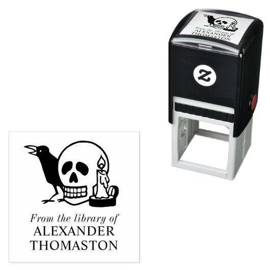 Gotische schedel, Raven en Kaars Bibliotheek Boekn Zelfinktende Stempel (In situ)