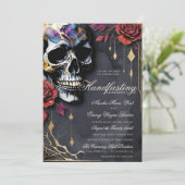 Gotische Schedel & Rode Rozen Halloween Handfastin Kaart (Staand voorkant)