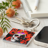 Gotische schedel rode rozen sleutelhanger (Voorkant Rechts)