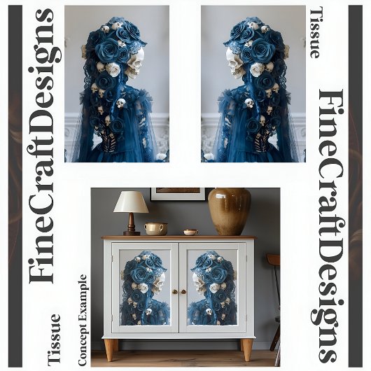 Gotische schedel & Roos Blauwgroen Ivoor Decoupage Tissuepapier