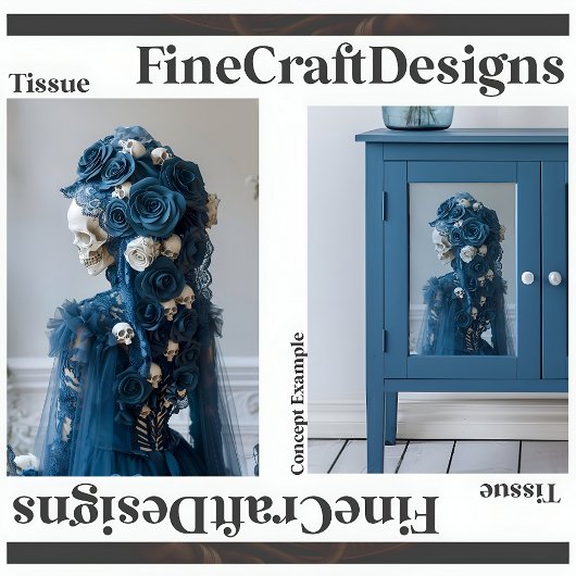 Gotische schedel & Roos Blauwgroen Ivoor Decoupage Tissuepapier