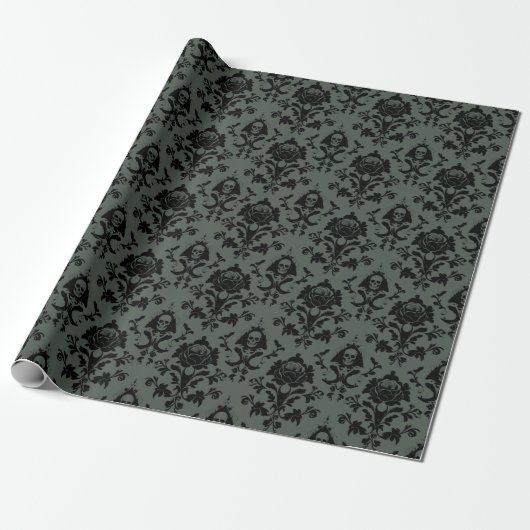 Gotische Schedel & Roos Damask Wrapping Paper Cadeaupapier (Uitgerold)