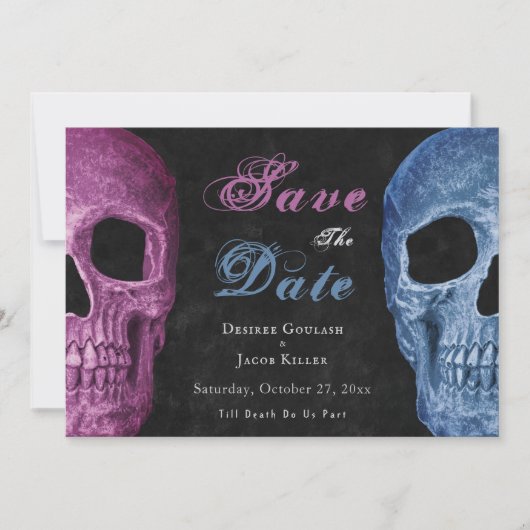 Gotische schedel roze blauw Hallobruiloft Save the Save The Date (Voorkant)