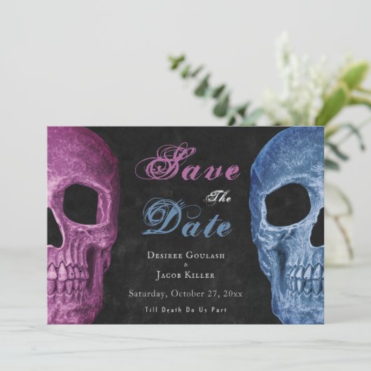 Gotische schedel roze blauw Hallobruiloft Save the Save The Date (Staand voorkant)