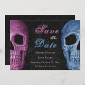 Gotische schedel roze blauw Hallobruiloft Save the Save The Date (Voorkant / Achterkant)