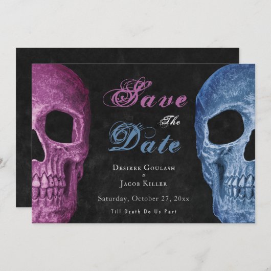 Gotische schedel roze blauw Hallobruiloft Save the Save The Date (Voorkant / Achterkant)