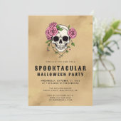 Gotische Schedel & Rozen | Halloweenfeest Kaart (Staand voorkant)