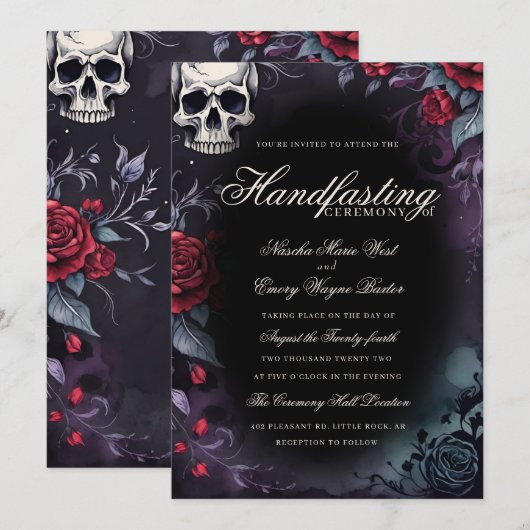 Gotische Schedel & Rozen Paarse Zwarte Handfasting Kaart (Voorkant / Achterkant)
