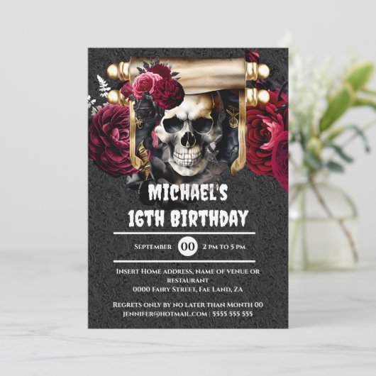 Gotische schedel rozen piraat kinder volwassenen l kaart (Staand voorkant)