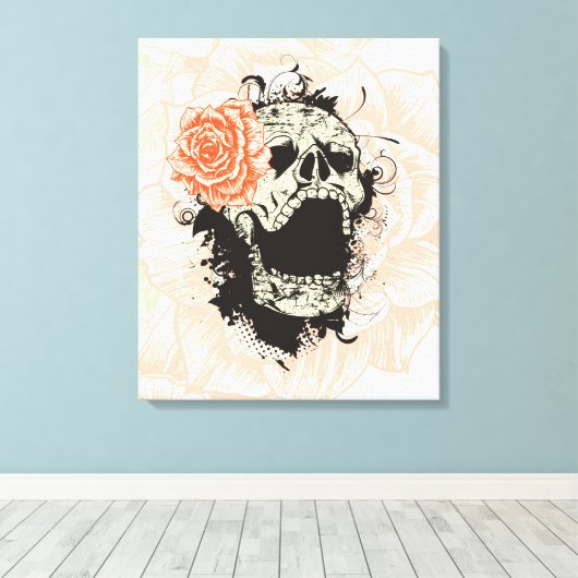 Gotische schedel & sinaasappel roos verpakt canvas afdruk (Insitu (Houten vloer))