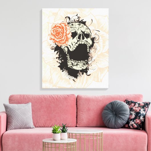 Gotische schedel & sinaasappel roos verpakt canvas afdruk (Insitu (Woonkamer))