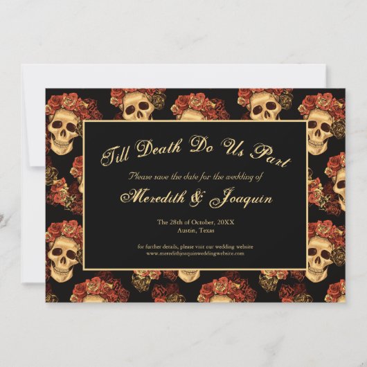 Gotische schedel tot de dood ons deel zwart save the date (Voorkant)