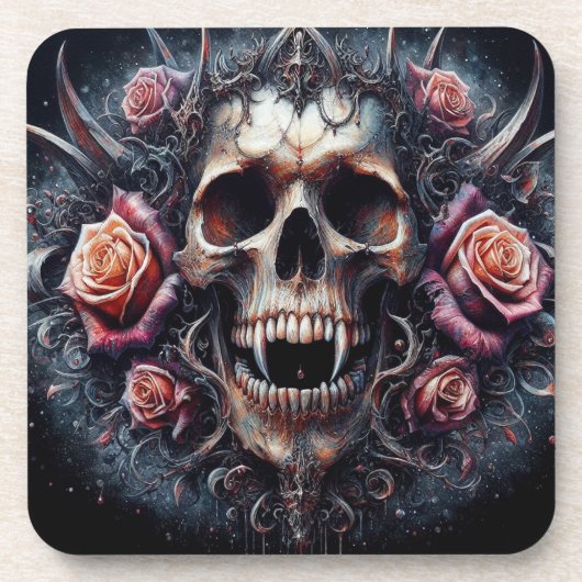 Gotische schedel versierd met Rozen Bier Onderzetter (Voorkant)