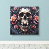 Gotische schedel versierd met Rozen Canvas Afdruk (Insitu (Houten vloer))