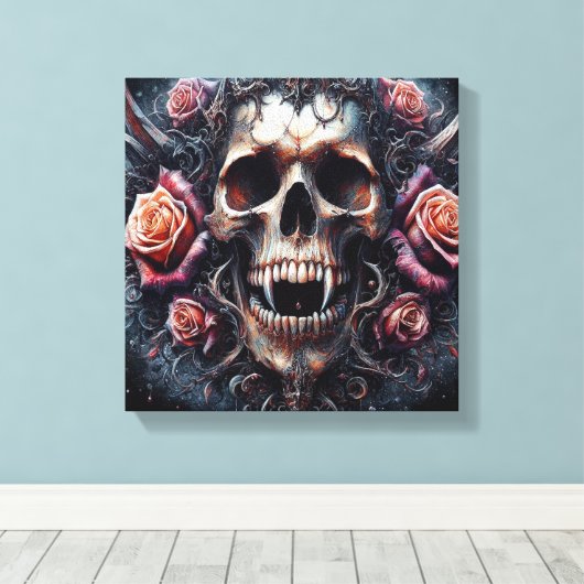 Gotische schedel versierd met Rozen Canvas Afdruk (Insitu (Houten vloer))