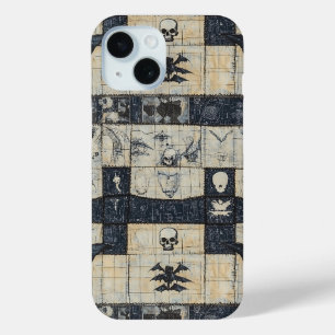 Gotische Schedel & Vleermuis Denim Collage iPhone 15 Case