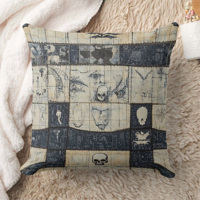 Gotische Schedel & Vleermuis Denim Collage Kussen (Deken)