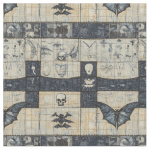 Gotische Schedel & Vleermuis Denim Collage Stof