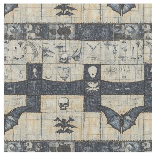 Gotische Schedel & Vleermuis Denim Collage Stof (Close Up)