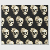 Gotische schedel wit roos patroon Halloween Cadeaupapier (Vlak)