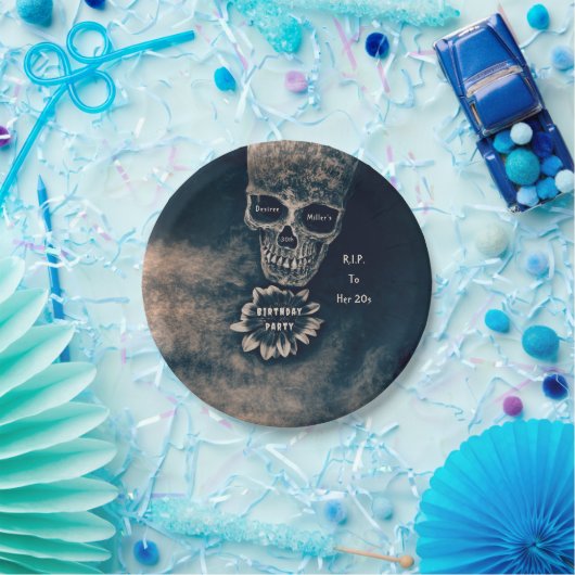 Gotische schedel Zonnebloem RIP Naar haar 20s Papieren Bordje (Feest)