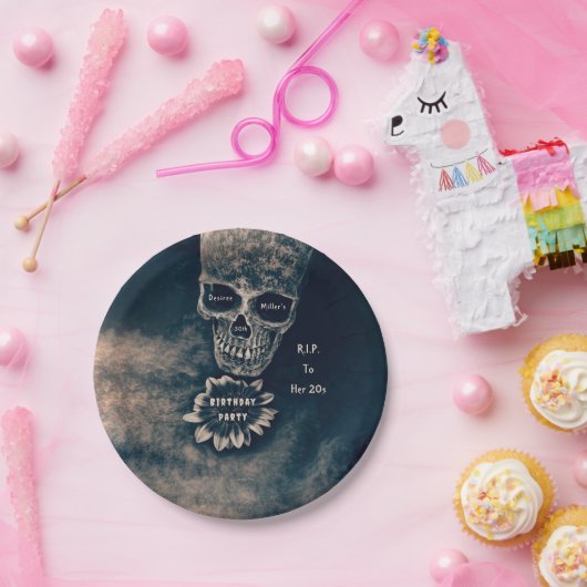 Gotische schedel Zonnebloem RIP Naar haar 20s Papieren Bordje (Feest)