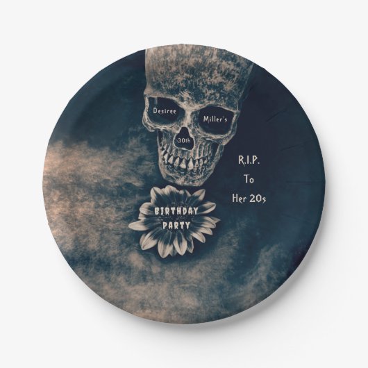 Gotische schedel Zonnebloem RIP Naar haar 20s Papieren Bordje (Voorkant)