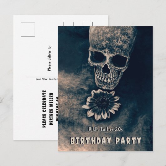Gotische schedel Zonnebloem RIP Naar haar 20s Uitnodiging Briefkaart (Voorkant / Achterkant)